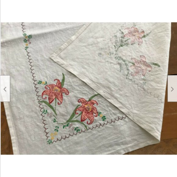 Vintage Hand Painted Linen Tablecloth Tiger Lily Floral Design 33x35" - Picture 1 of 8